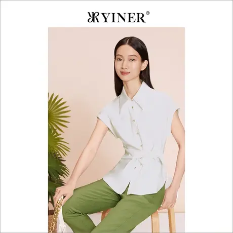 YINER音儿女装2023夏季法式POLO领衬衫系带显瘦收腰上衣商品大图