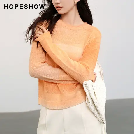 红袖时尚段染纱套头正肩针织衫hopeshow2024春季新款圆领薄款上衣图片