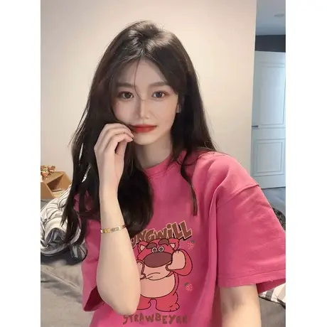 玫红色短袖t恤女夏季小众设计感卡通熊印花宽松百搭港味chic上衣商品大图