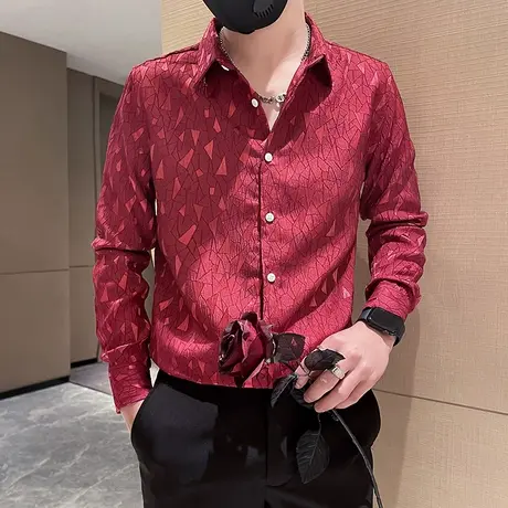 韩版修身个性痞帅时尚休闲发型师长袖衬衫高级感夜店INS花色衬衣商品大图