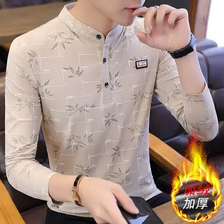 冬季加绒加厚男士长袖T恤韩版潮流印花打底衫休闲学生立领上衣服商品大图