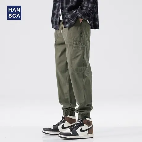 hansca工装休闲裤男秋冬美式潮牌复古水洗大码青少年纯色束脚长裤商品大图