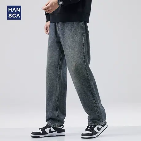 hansca水洗复古牛仔裤男2023秋季潮牌美式宽松大码休闲直筒阔腿裤商品大图