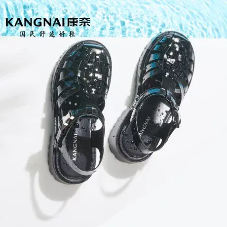 康奈罗马凉鞋夏季女款休闲复古包头软底女鞋编织厚低跟女士猪笼鞋商品大图