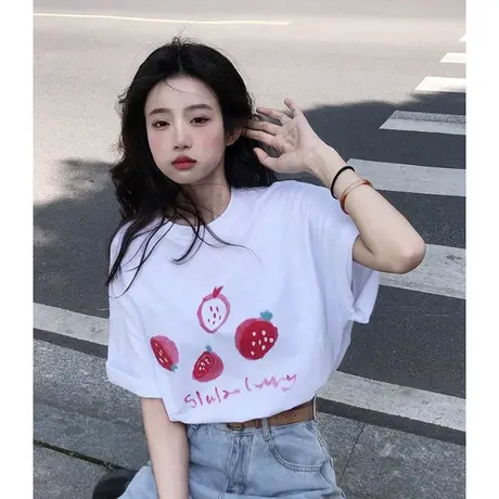 2024年夏季新款独特别致短袖t恤女韩系复古白色半袖宽松显瘦上衣商品大图