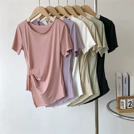 木耳边不规则短袖T恤女夏季薄款小心机纯色舞蹈服现代舞打底上衣商品大图