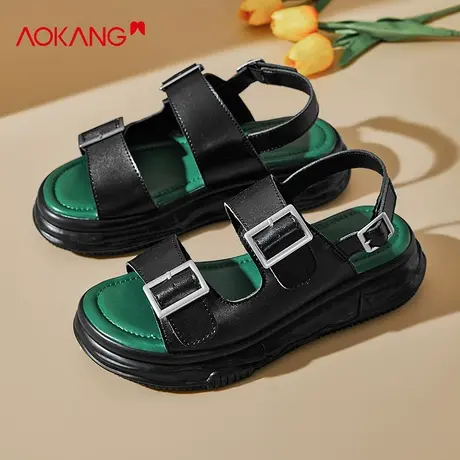 奥康女鞋夏季韩版露趾凉鞋女松糕跟真皮厚底百搭仙女风复古罗马鞋商品大图