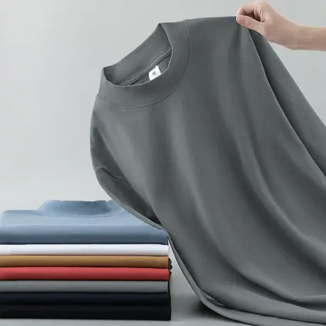 重磅纯棉t恤男士长袖2023秋季新款半高领体恤中领全棉内搭打底衫商品大图