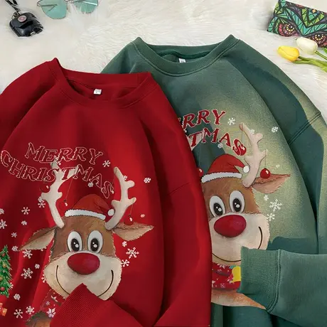 加绒保暖卫衣男秋冬季圣诞麋鹿印花长袖上衣服情侣新年圆领打底衫商品大图