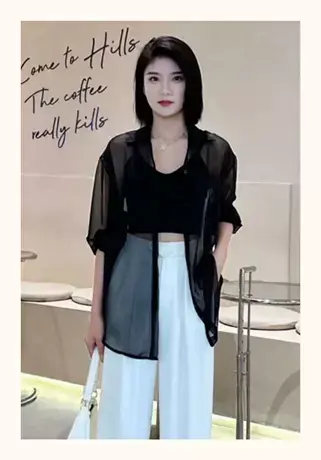 防晒衫女长袖薄款2022夏季新款时尚百搭雪纺衬衫透视性感防晒上衣图片