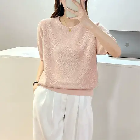 薄款针织打底衫女早秋季2023年新款韩版菱形短袖圆领内搭上衣女装商品大图