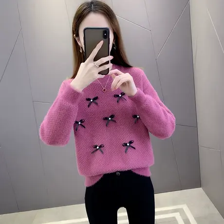 水貂绒毛衣女秋冬装2022年新款女上衣套头宽松外穿洋气针织打底衫商品大图