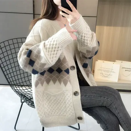 韩版宽松外搭春秋季针织开衫女新款秋装日系复古慵懒毛衣外套商品大图