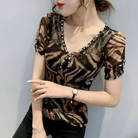 性感豹纹T恤女短袖夏蕾丝拼接镂空上衣修身显瘦洋气钉珠网纱小衫商品大图