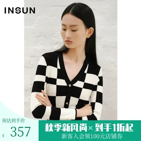 恩裳COVER2023年春款新款不规则棋盘格舒适亲肤天丝羊毛混纺上衣商品大图