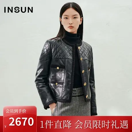 恩裳2023年秋季新款法式短款箱型镜面JI光工艺绵羊皮皮衣商品大图