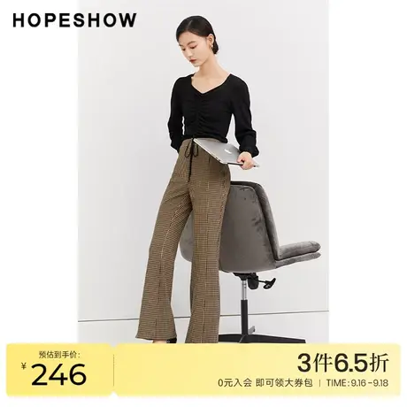红袖outlets千鸟格喇叭裤hopeshow2023秋季新款女装高腰显瘦长裤商品大图