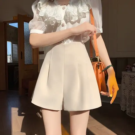 2023夏天新款卡其色西装短裤女高腰宽松a字版休闲阔腿裤显瘦遮胯商品大图