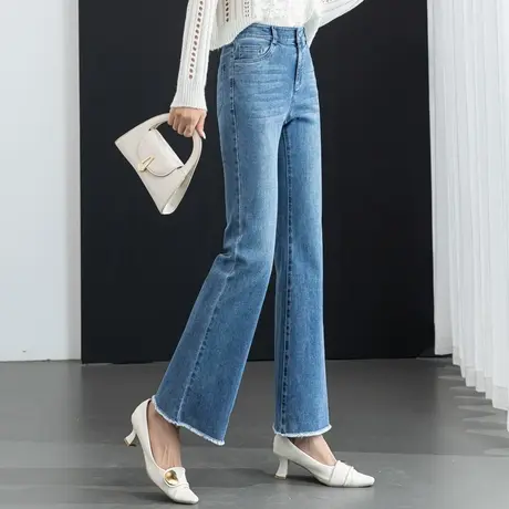 高腰毛边复古微喇牛仔裤女2023年新款春季女裤鱼尾裤直筒裤喇叭裤商品大图