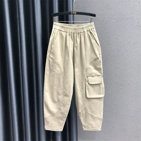 欧货工装口袋设计感萝卜裤女2023秋季新款松紧腰宽松显瘦哈伦垮裤图片