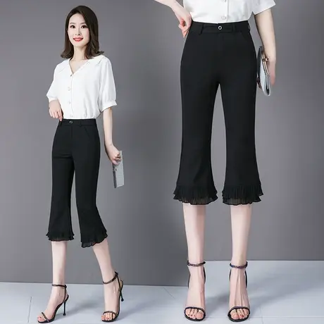 薄款微喇叭裤女2023夏季韩版显瘦开叉拼接网纱中裤百搭黑色七分裤图片