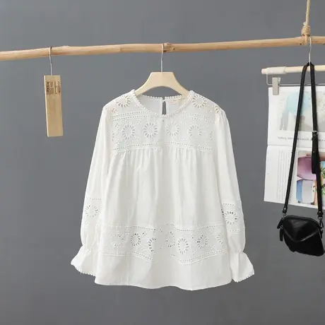 早春新款洋气镂空刺绣圆领白衬衫女长袖短款套头纯色气质衬衣上衣图片