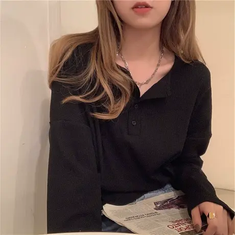 ins超火长袖T恤秋冬短款修身打底衫女polo领显瘦百搭高腰学生上衣图片