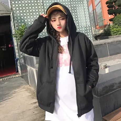 丧系衣服卫衣女连帽秋冬韩版潮学生宽松mschf加绒加厚拉链外套cec图片