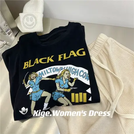 美式人像印花字母短袖T恤女百搭宽松早春内搭黑色显瘦打底上衣23商品大图