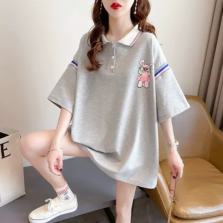 polo领短袖t恤女夏季韩版宽松大码女装中长款百搭下衣失踪上衣服商品大图