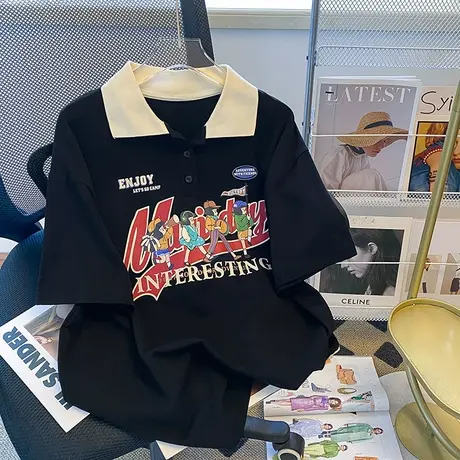 纯棉polo衫美式复古短袖t恤女夏季宽松ins潮牌设计感港味chic上衣商品大图