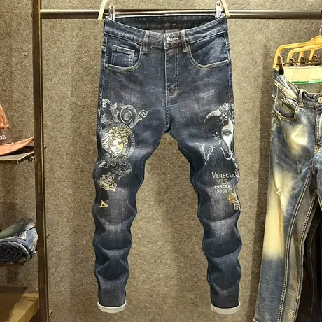 春秋款刺绣印花牛仔裤男潮牌修身小脚2023新款ins潮流百搭裤子男商品大图