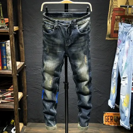 秋季新款破洞牛仔裤男士复古怀旧休闲直筒修身韩版潮流潮牌裤子男商品大图