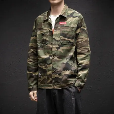 秋季迷彩牛仔外套男薄款宽松大码胖子痞帅潮流春秋款夹克复古港风商品大图