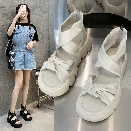 厚底凉鞋女蝴蝶结包跟新款百搭罗马鞋坡跟凉鞋女夏后拉链松糕鞋图片