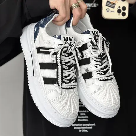 男鞋夏季透气贝壳头休闲厚底板鞋2023新款青少年运动帆布小白潮鞋商品大图