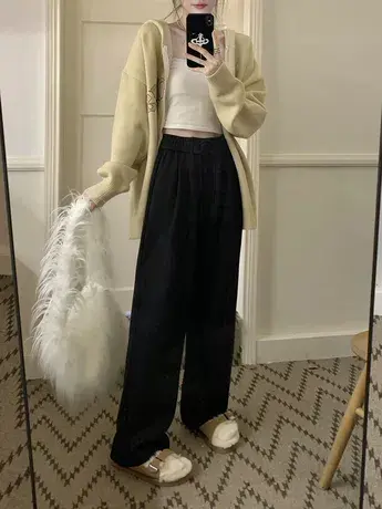 胖mm大码加厚卫裤女春秋绑带设计感裤子高腰显瘦休闲拖地裤200斤商品大图