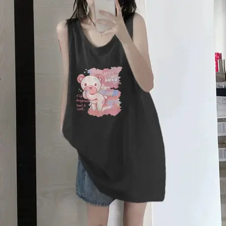 美式复古纯棉吊带运动坎肩背心无袖t恤女夏外穿宽松港风挂脖上衣图片