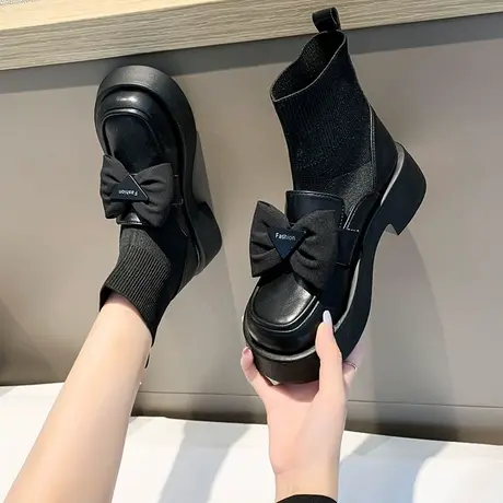 黑色马丁靴女2025年春秋新款蝴蝶结小皮鞋拼接弹力袜靴女法式短靴图片