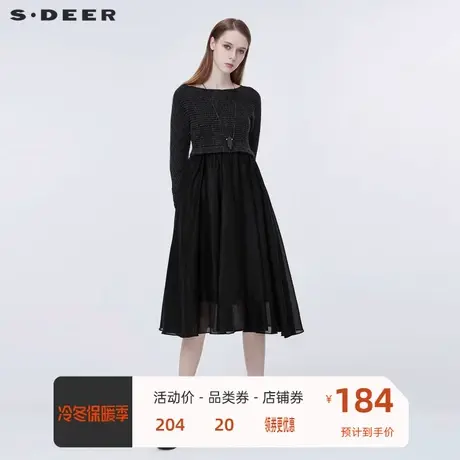 sdeer圣迪奥拼接连衣裙秋新款女装裙休闲圆领撞色长裙S20381204图片