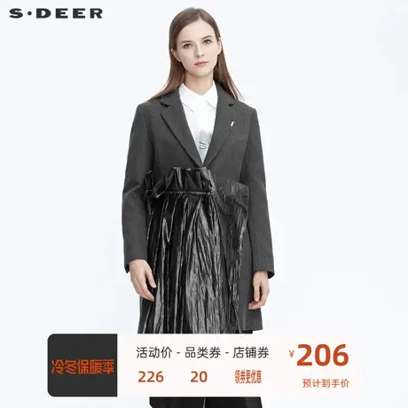 sdeer圣迪奥女装大衣外套休闲平驳领抽褶拼接毛呢风衣冬S20481707商品大图