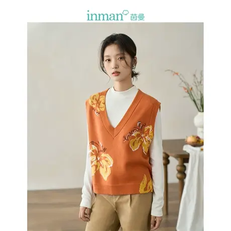 【商场同款】茵曼复古提花马甲2023秋季女装新款V领百搭背心毛衣图片