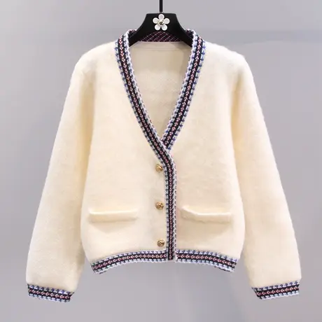 小香风撞色毛衣外套女秋冬2023新款高级温柔气质休闲百搭针织开衫商品大图