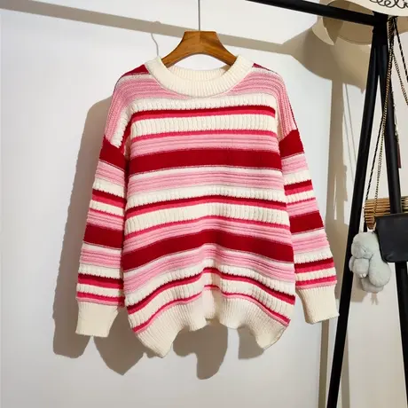 粉红色条纹针织衫女秋冬新款韩版圆领宽松慵懒风遮肉显瘦毛衣外穿商品大图