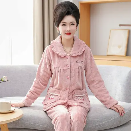 法兰绒冬季睡衣女士中老年妈妈加绒加厚夹棉家居服套装珊瑚绒新款图片