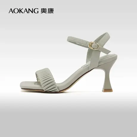 奥康女鞋 夏季新款仙女风褶皱鞋面一字带凉鞋高跟鞋图片