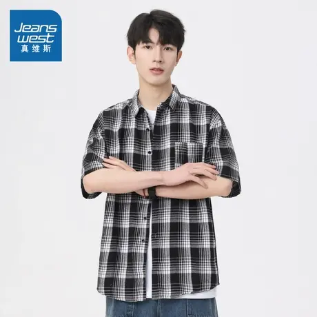 LY真维斯男款2025夏季新款时尚百搭潮流男宽松休闲短袖格子衬衫商品大图