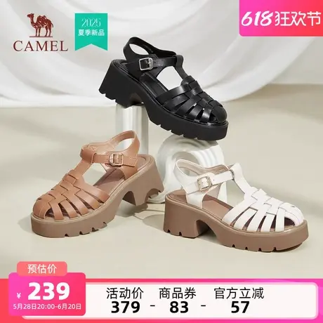 骆驼女鞋2025夏季新款编织镂空凉鞋厚底罗马凉鞋女粗跟包头凉鞋商品大图