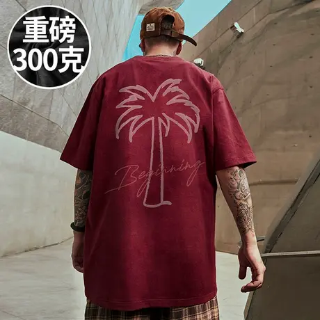 酒红色重磅美式潮牌宽松情侣T恤胖子短袖加肥加大码男装半袖夏季商品大图
