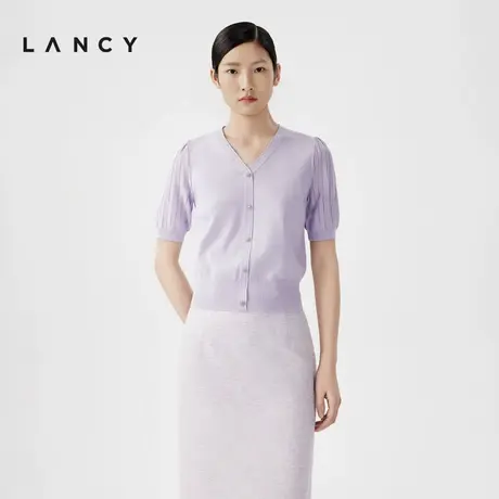 LANCY/朗姿2024夏季新款V领短袖修身醋酸针织衫女气质套头短上衣商品大图
